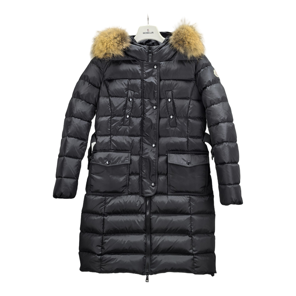 Moncler Four-Pocket Fur-Trim Hooded Long Puffer Coat | Black | Fur Trim