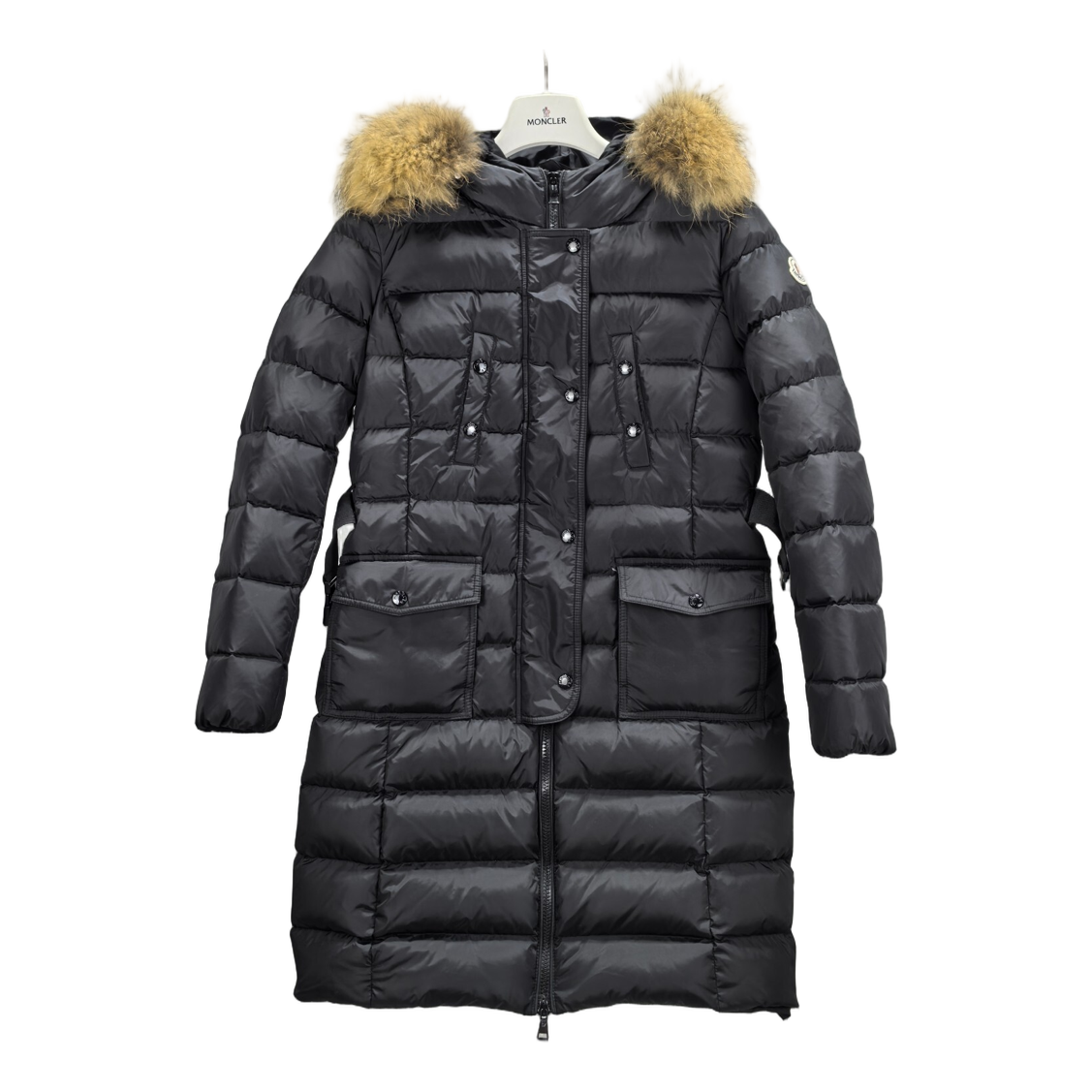 Moncler Four-Pocket Fur-Trim Hooded Long Puffer Coat | Black | Fur Trim