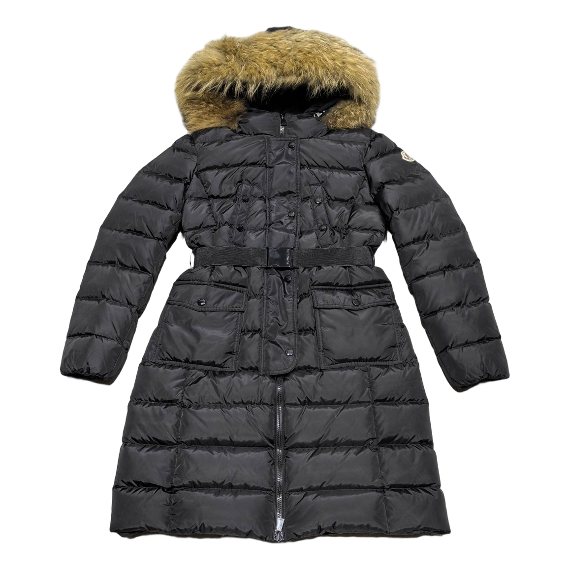 Moncler Four-Pocket Fur-Trim Hooded Long Puffer Coat | Black | Fur Trim