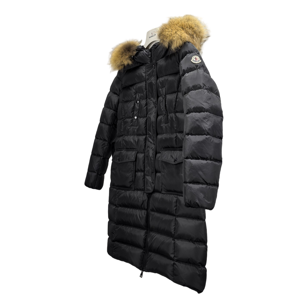 Moncler Four-Pocket Fur-Trim Hooded Long Puffer Coat | Black | Fur Trim