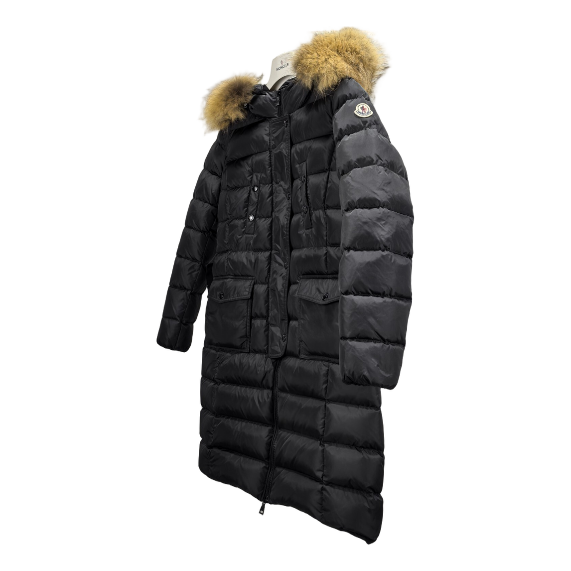 Moncler Four-Pocket Fur-Trim Hooded Long Puffer Coat | Black | Fur Trim