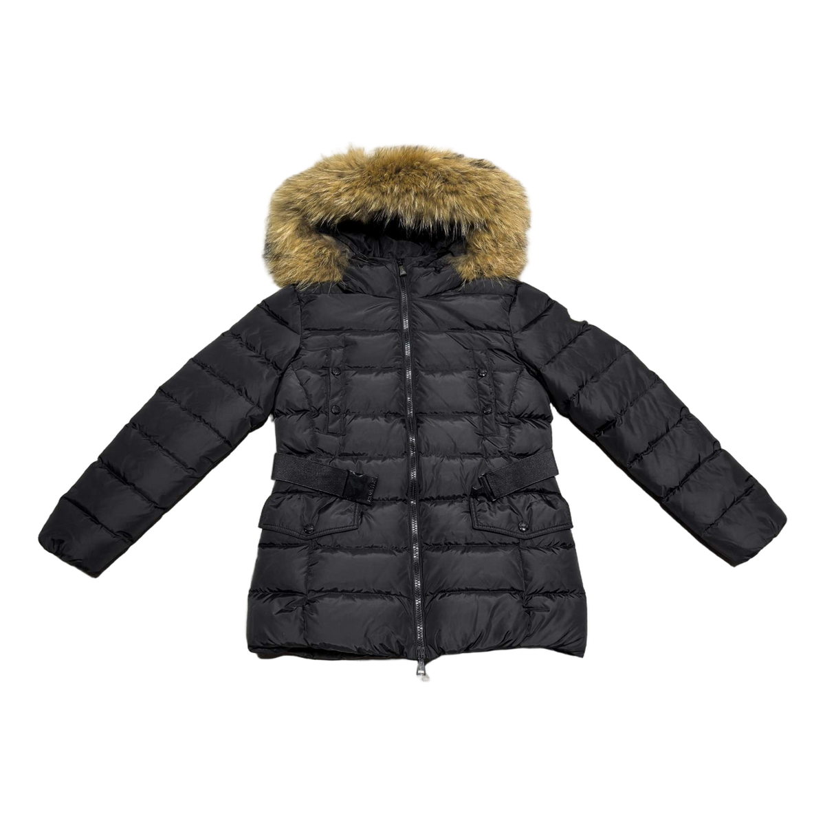 Moncler Four-Pocket Belted Fur-Trim Puffer Jacket | Black | Belted | Fur Trim