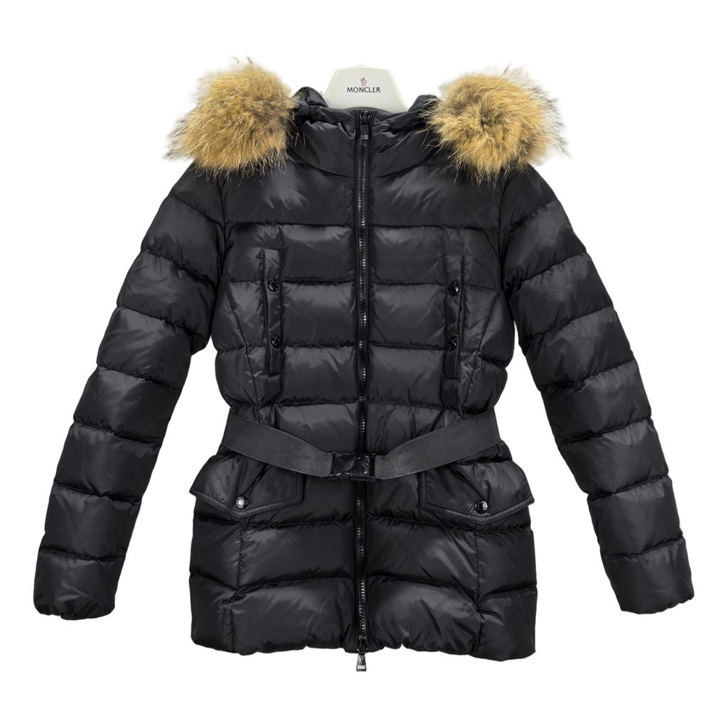 Moncler Four-Pocket Belted Fur-Trim Puffer Jacket | Black | Belted | Fur Trim