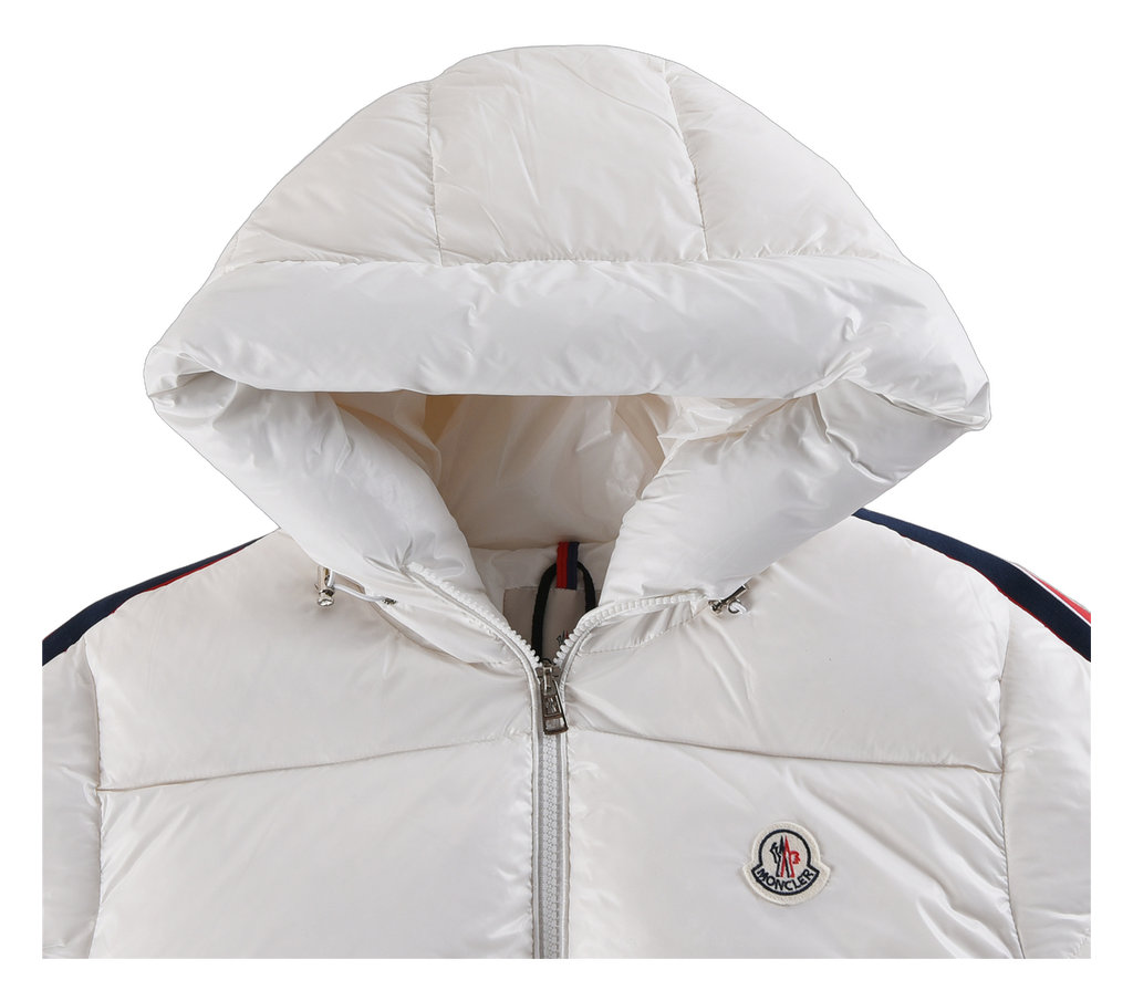 Moncler Tricolour Sleeve-Stripe Hooded Puffer Jacket | White | Premium Down