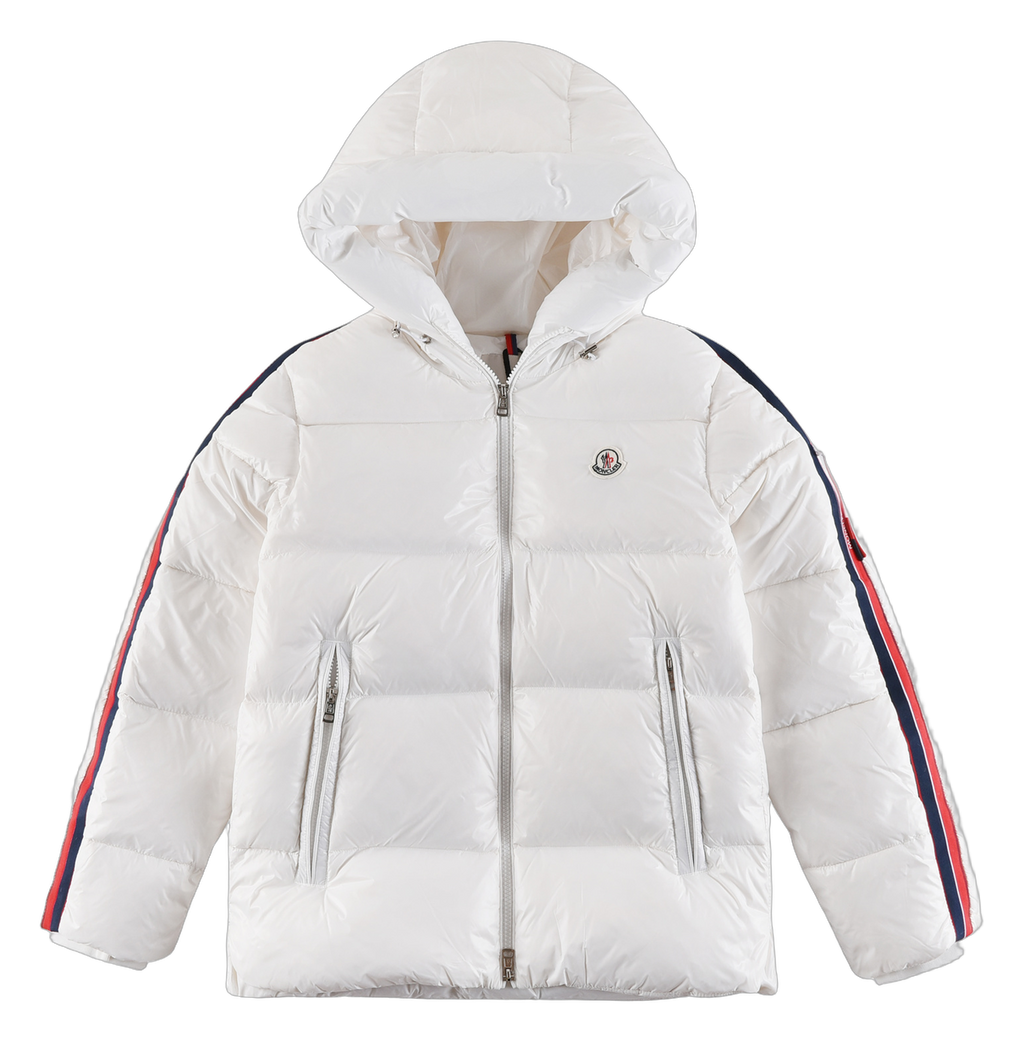 Moncler Tricolour Sleeve-Stripe Hooded Puffer Jacket | White | Premium Down