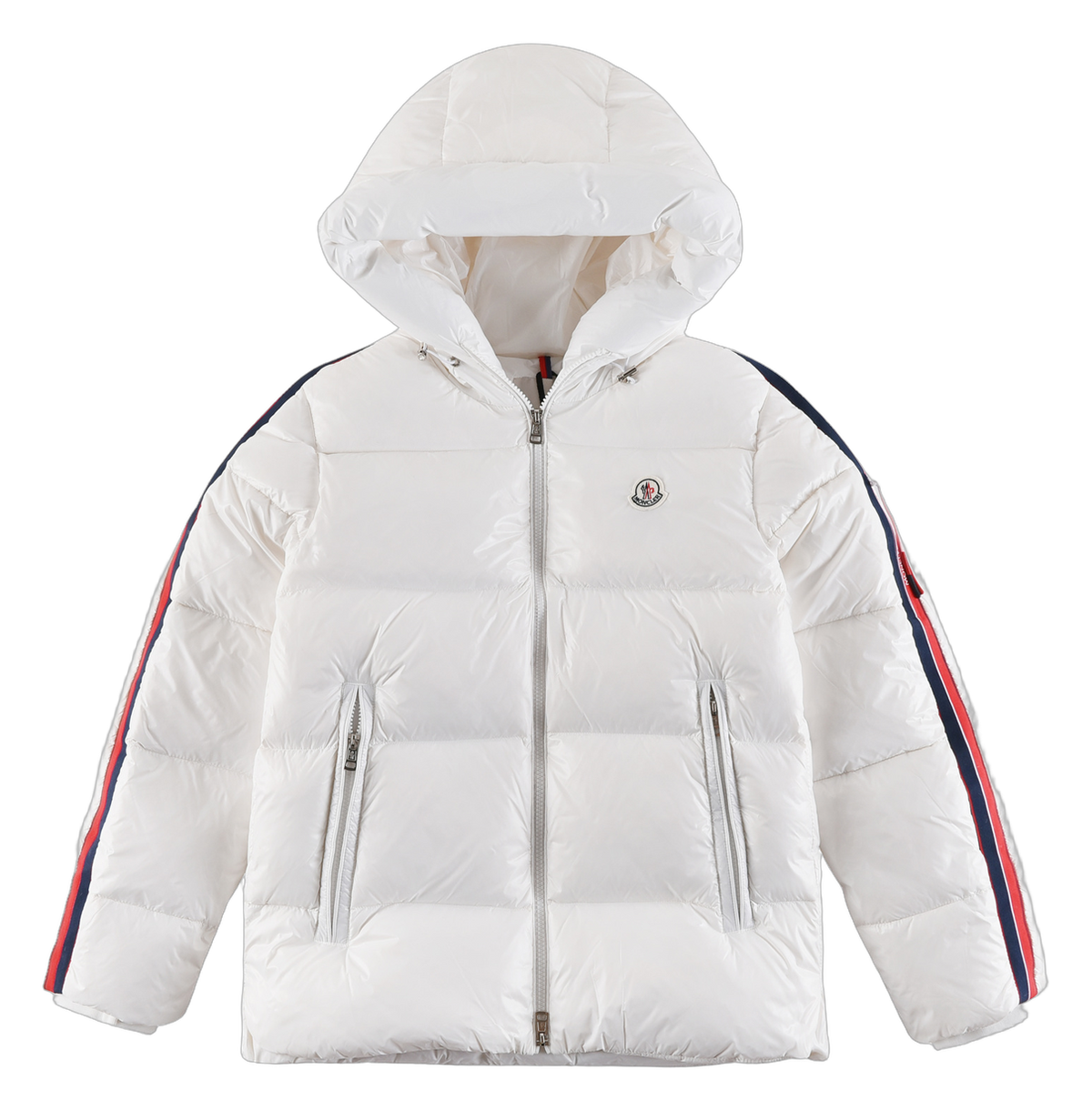 Moncler Tricolour Sleeve-Stripe Hooded Puffer Jacket | White | Premium Down