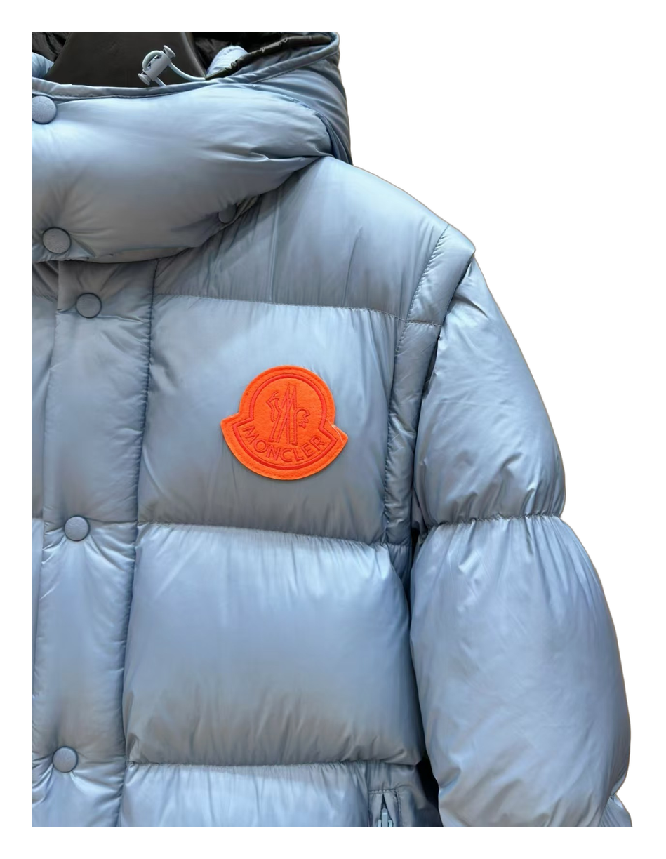 Moncler Orange-Badge Hooded Puffer Jacket | Ice Blue | Premium Down
