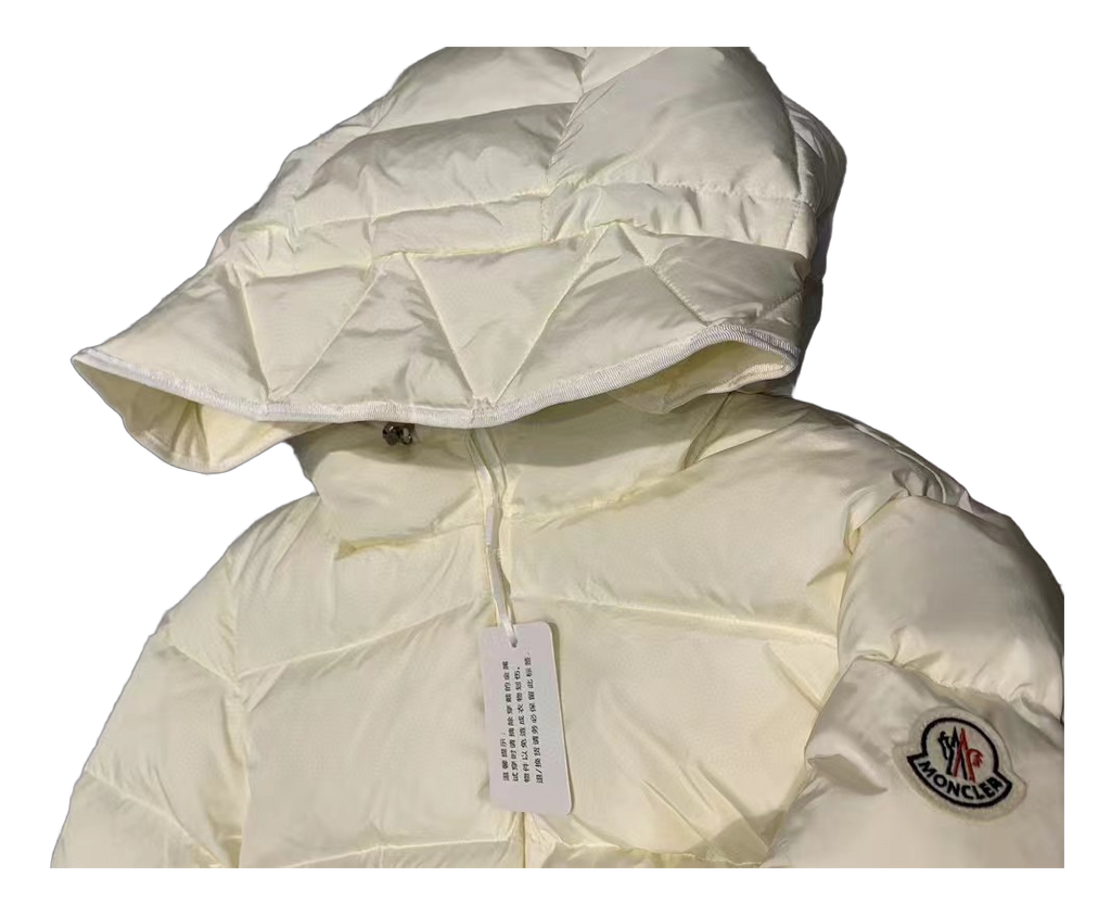 Moncler Fitted Hooded Short Puffer Jacket | Ivory | Tailored Fit | Cropped
