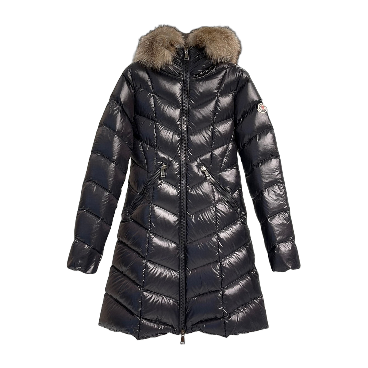 Moncler Fulmarus Chevron-Quilted Fur-Trim Long Coat | Premium Down | Fur Trim