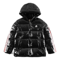 Moncler Tricolour Sleeve-Stripe Glossy Hooded Puffer Jacket | Premium Down