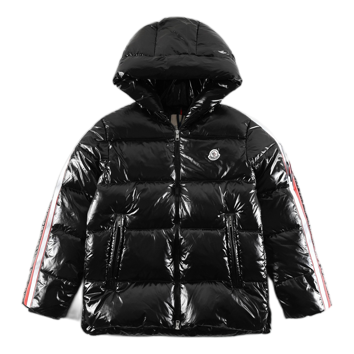 Moncler Tricolour Sleeve-Stripe Glossy Hooded Puffer Jacket | Premium Down