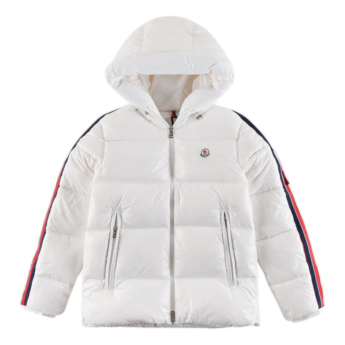 Moncler Tricolour Sleeve-Stripe Glossy Hooded Puffer Jacket | Premium Down