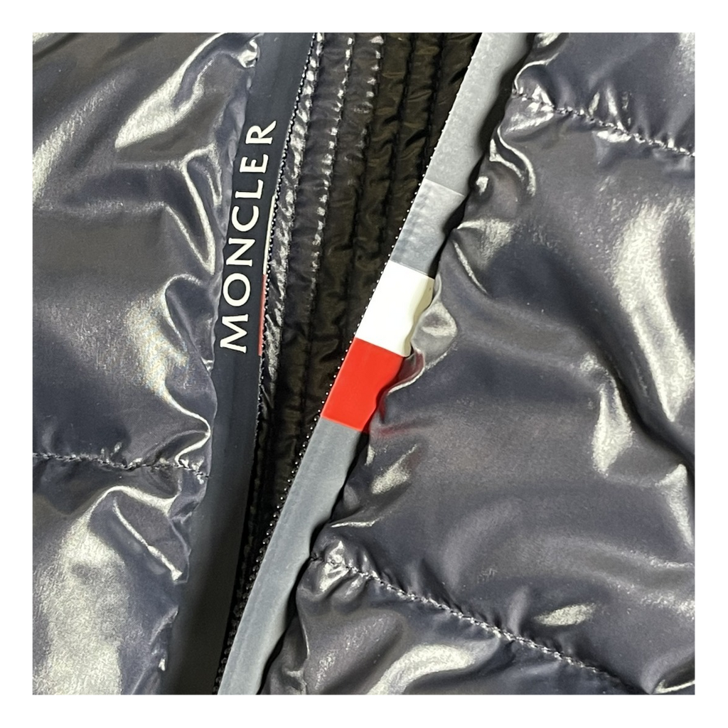 Moncler Glossy Logo-Zip Hooded Puffer Jacket | Navy | Premium Down