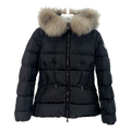 Moncler Cinched-Waist Fur-Trim Hooded Puffer Jacket | Black | Fur Trim | Cinched Waist