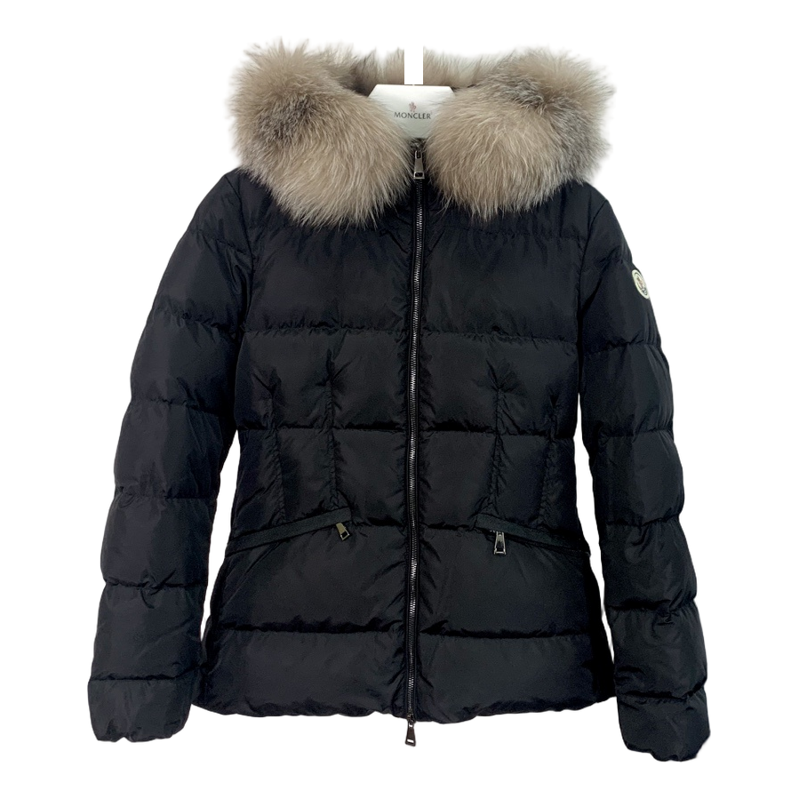 Moncler Cinched-Waist Fur-Trim Hooded Puffer Jacket | Black | Fur Trim | Cinched Waist