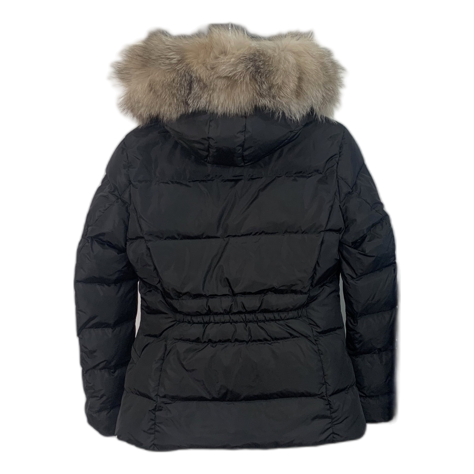 Moncler Cinched-Waist Fur-Trim Hooded Puffer Jacket | Black | Fur Trim | Cinched Waist