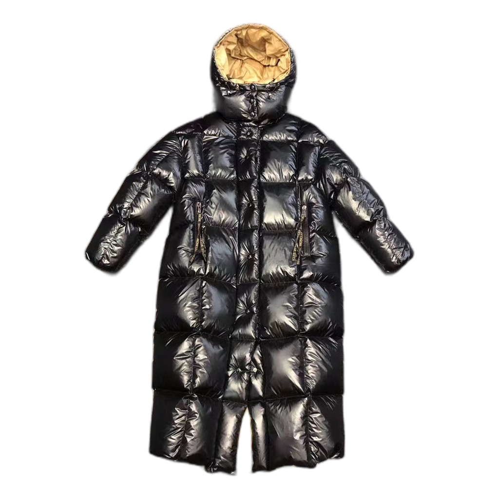 Moncler Gold-Lined Glossy Long Puffer Coat | Black | Gold Lining