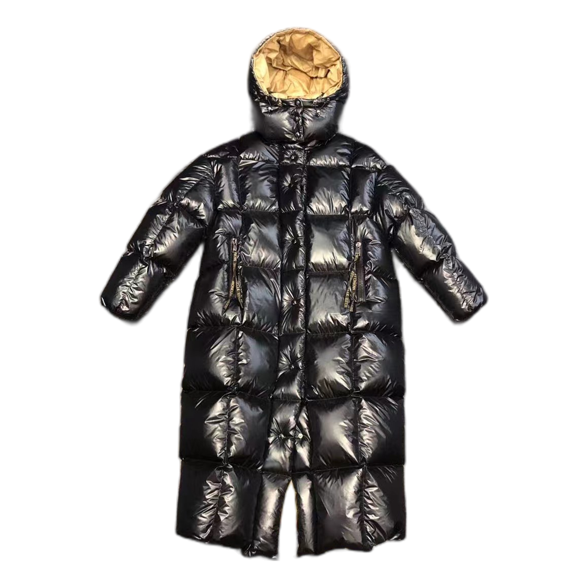 Moncler Gold-Lined Glossy Long Puffer Coat | Black | Gold Lining
