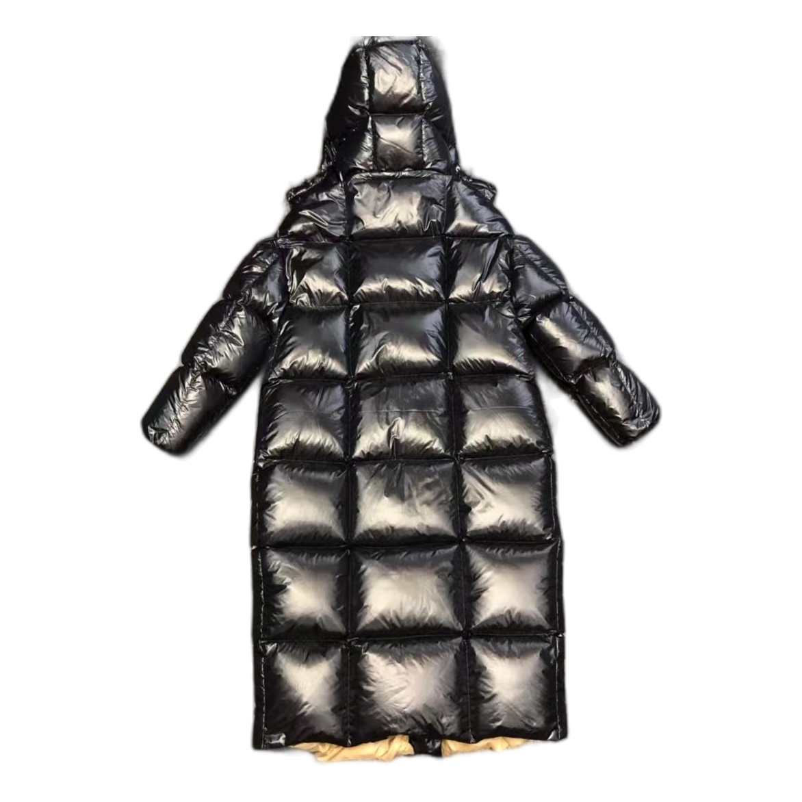 Moncler Gold-Lined Glossy Long Puffer Coat | Black | Gold Lining