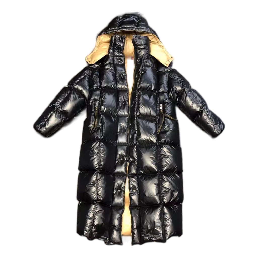 Moncler Gold-Lined Glossy Long Puffer Coat | Black | Gold Lining