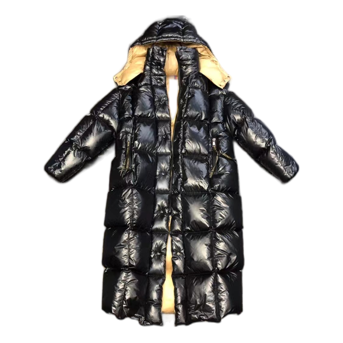 Moncler Gold-Lined Glossy Long Puffer Coat | Black | Gold Lining