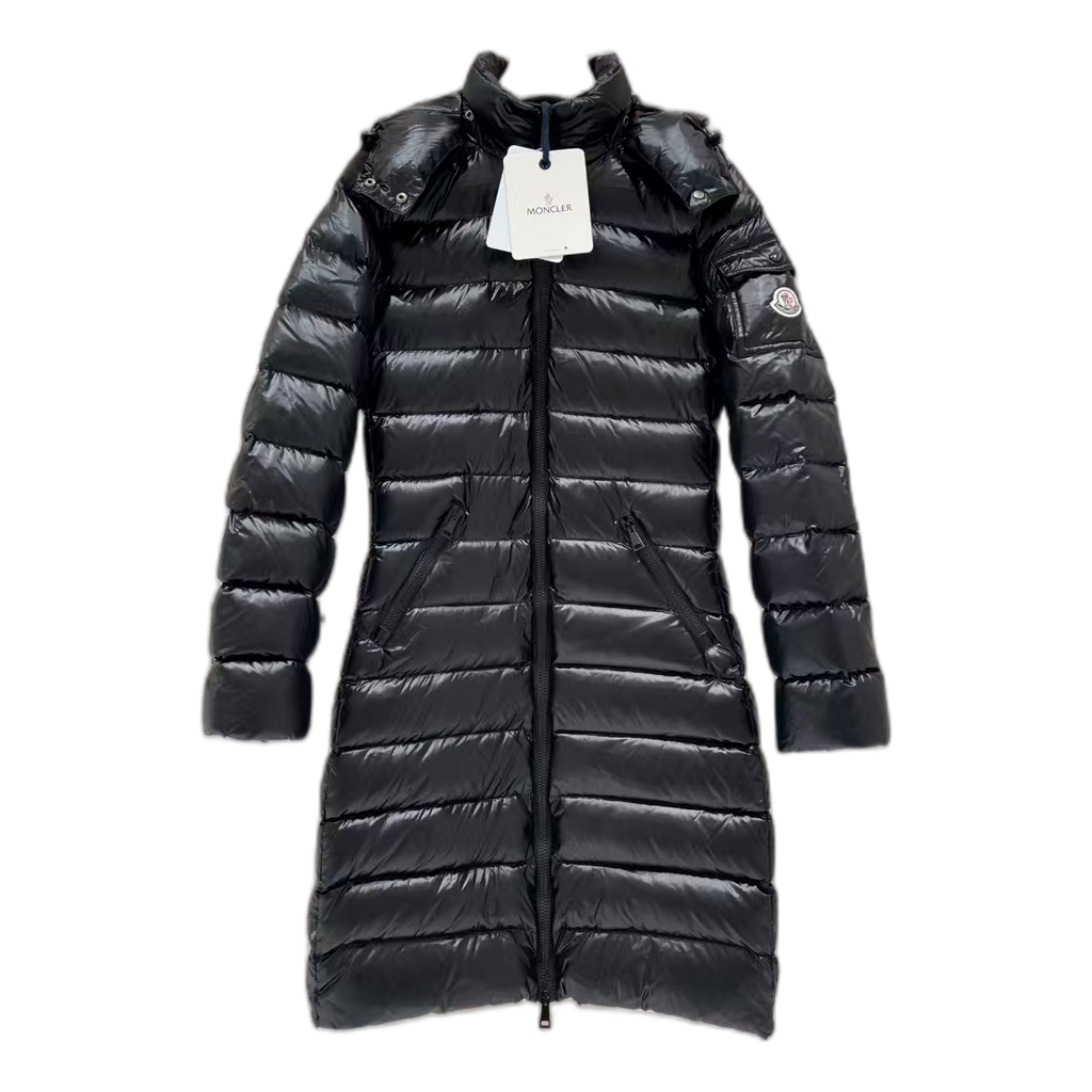 Moncler Narrow-Quilt Fur-Trim Hooded Long Puffer Coat | Black | Premium Down