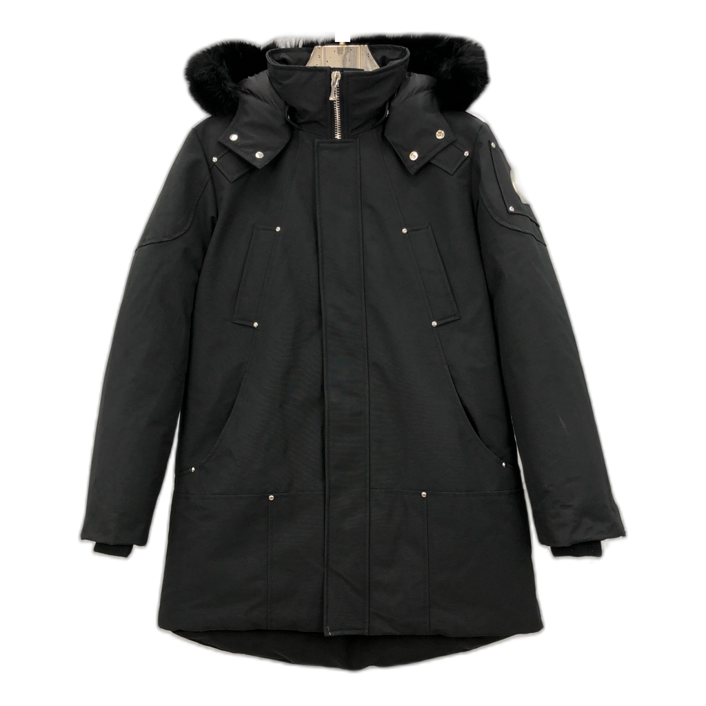 Moose Knuckles Curved-Hem Fur-Trim Hooded Parka | Black | Canadian Down Extreme Cold