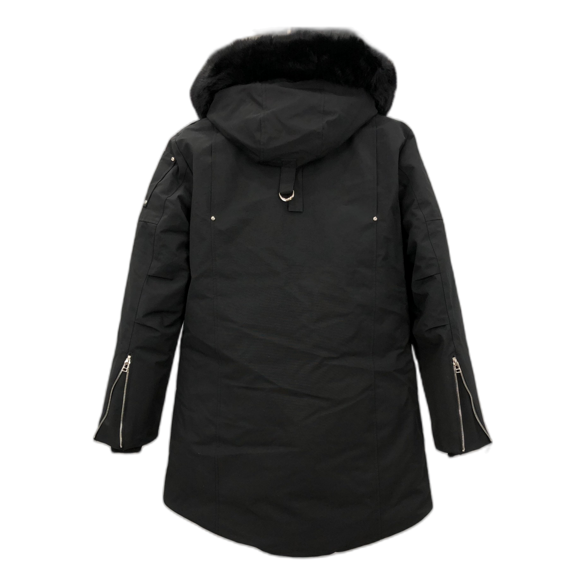 Moose Knuckles Curved-Hem Fur-Trim Hooded Parka | Black | Canadian Down Extreme Cold