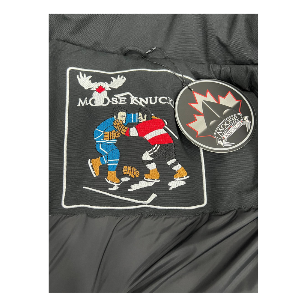 Moose Knuckles Curved-Hem Fur-Trim Hooded Parka | Black | Canadian Down Extreme Cold