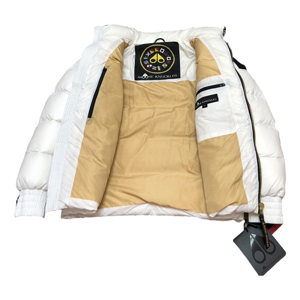 Moose Knuckles Logo-Zip Quilted Puffer Bomber | Off White | Canadian Down Jacket