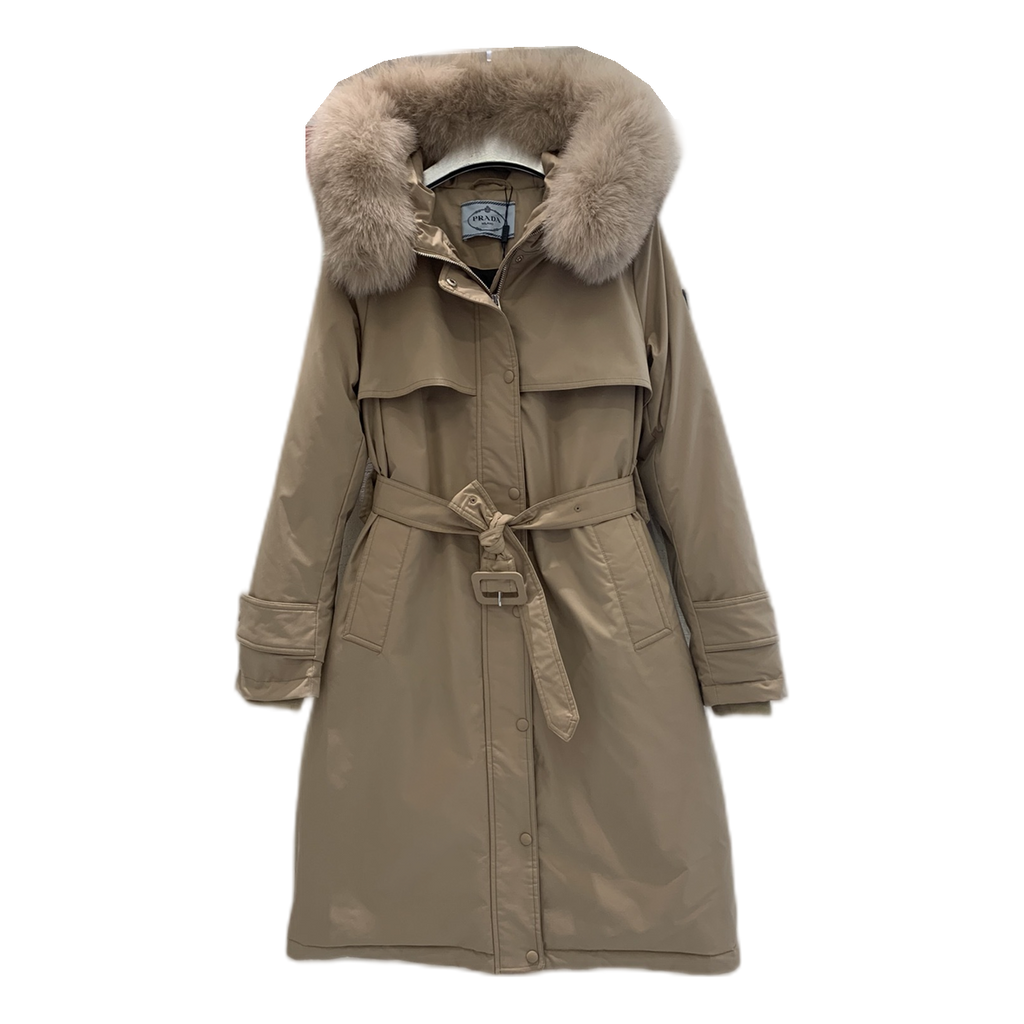 Prada Belted Fur-Trim Hooded Coat | Beige | Women's Luxury Winter Coat
