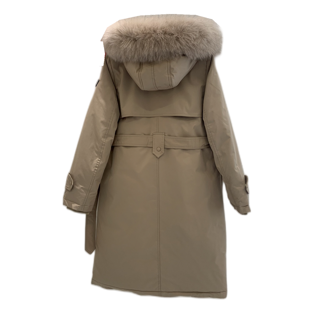 Prada Belted Fur-Trim Hooded Coat | Beige | Women's Luxury Winter Coat
