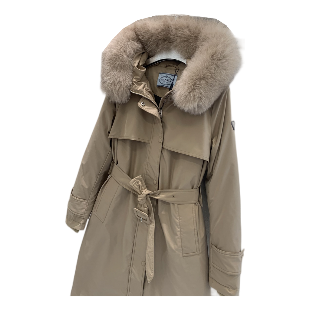 Prada Belted Fur-Trim Hooded Coat | Beige | Women's Luxury Winter Coat