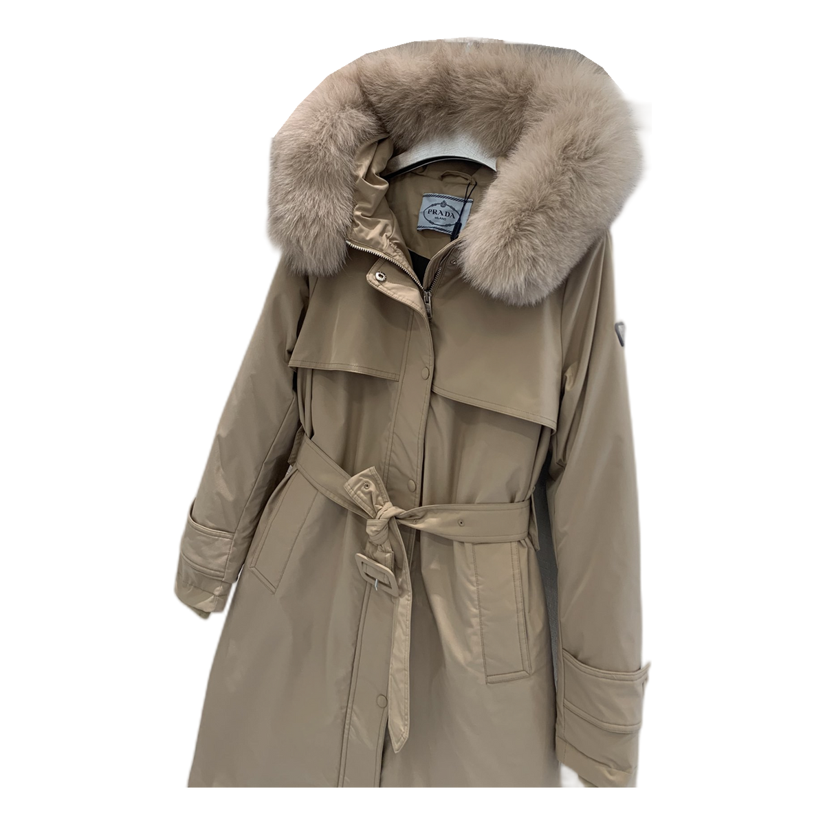 Prada Belted Fur-Trim Hooded Coat | Beige | Women's Luxury Winter Coat