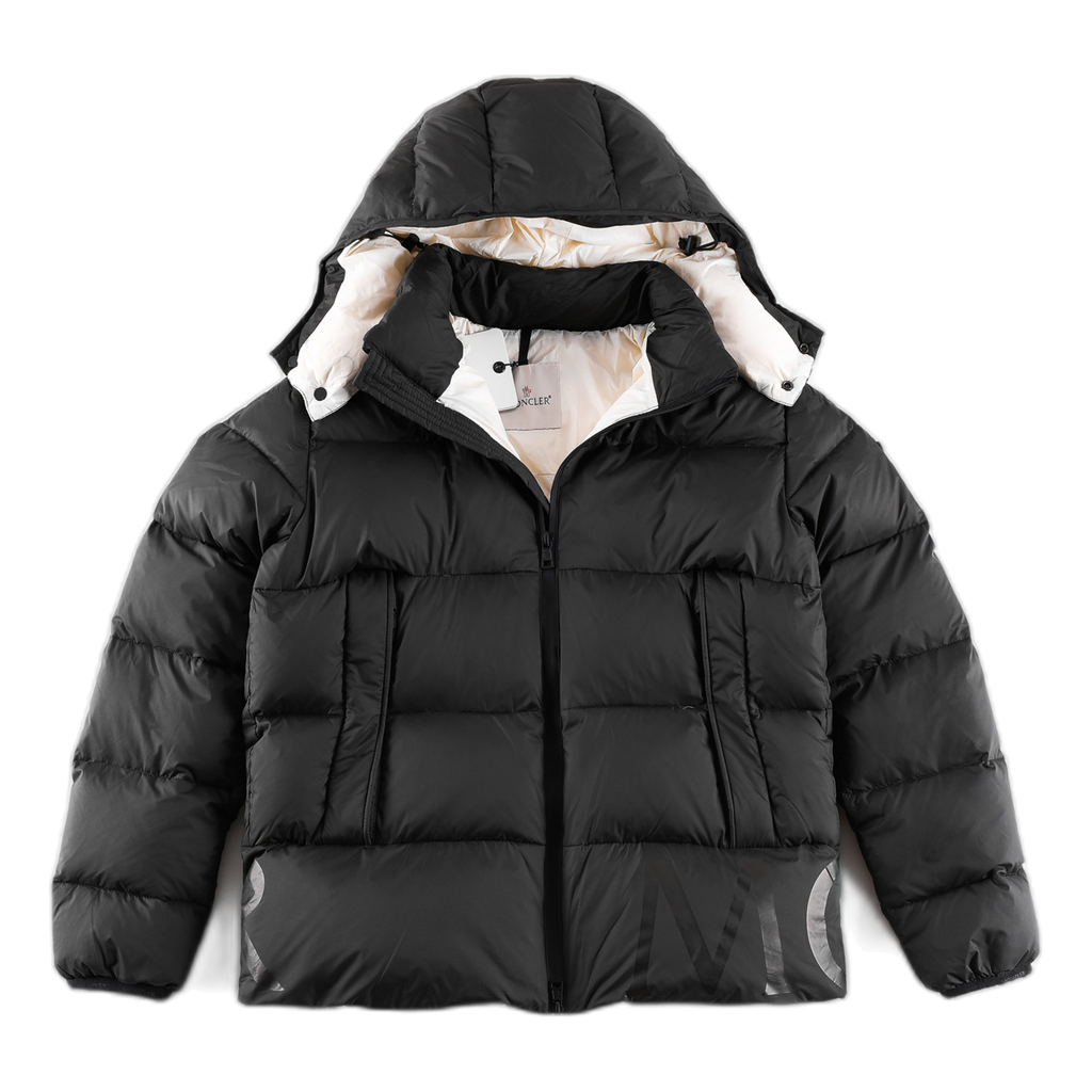 Moncler Contrast-Lined Logo-Hood Puffer Jacket | Black | Logo Hood | Contrast Lining