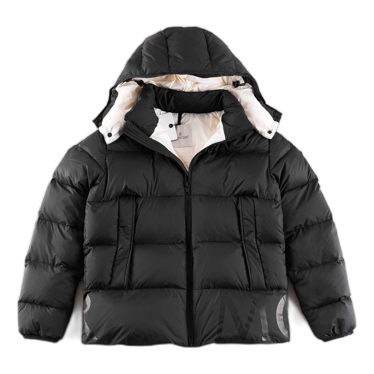 Moncler Contrast-Lined Logo-Hood Puffer Jacket | Black | Logo Hood | Contrast Lining