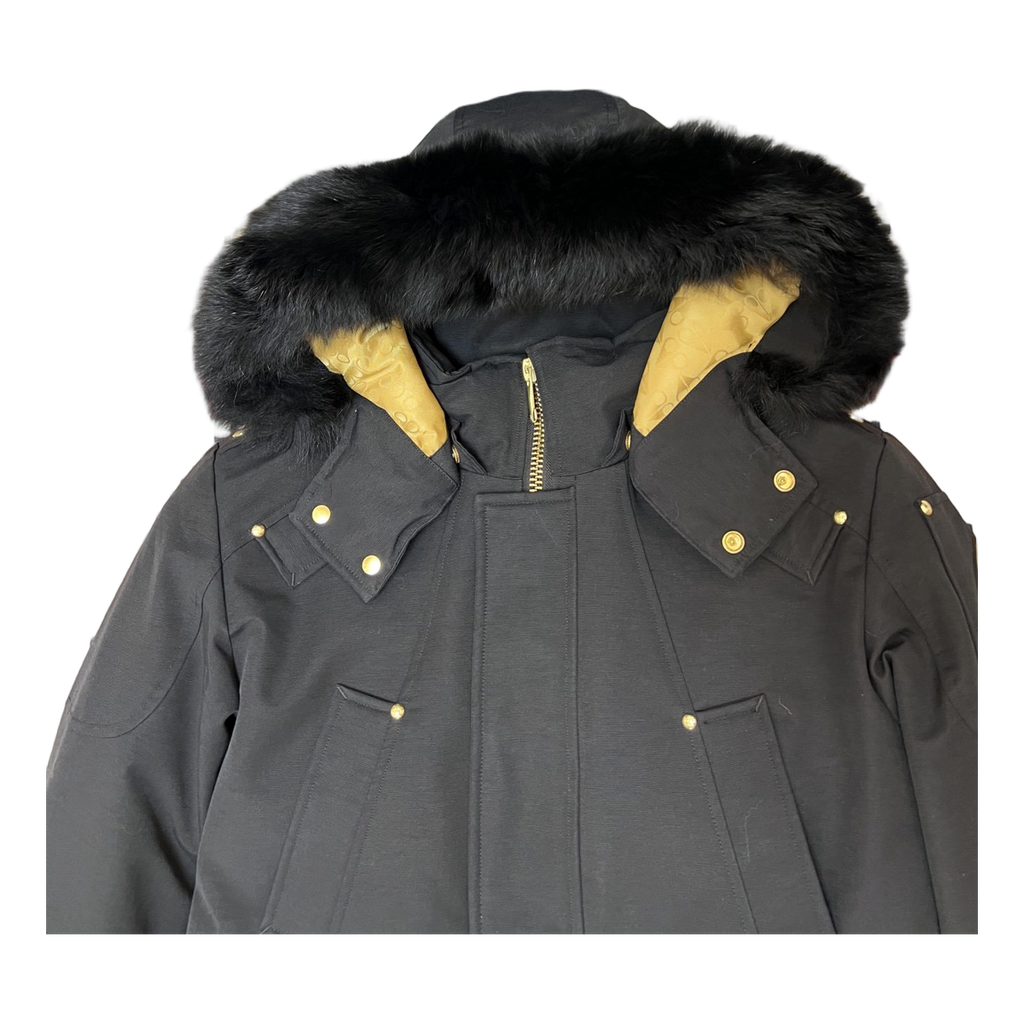 Moose Knuckles Gold-Lined Fur-Trim Long Parka | Black | Canadian Down Extreme Cold