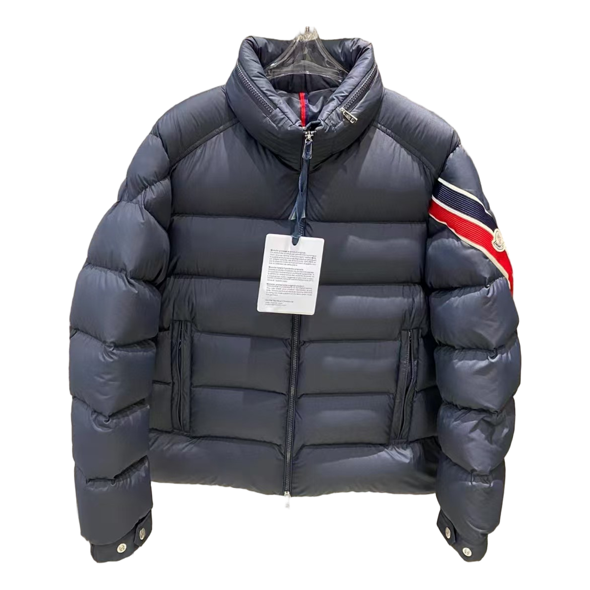 Moncler Tricolour Sleeve-Band Stand-Collar Puffer Jacket | Navy | Premium Down