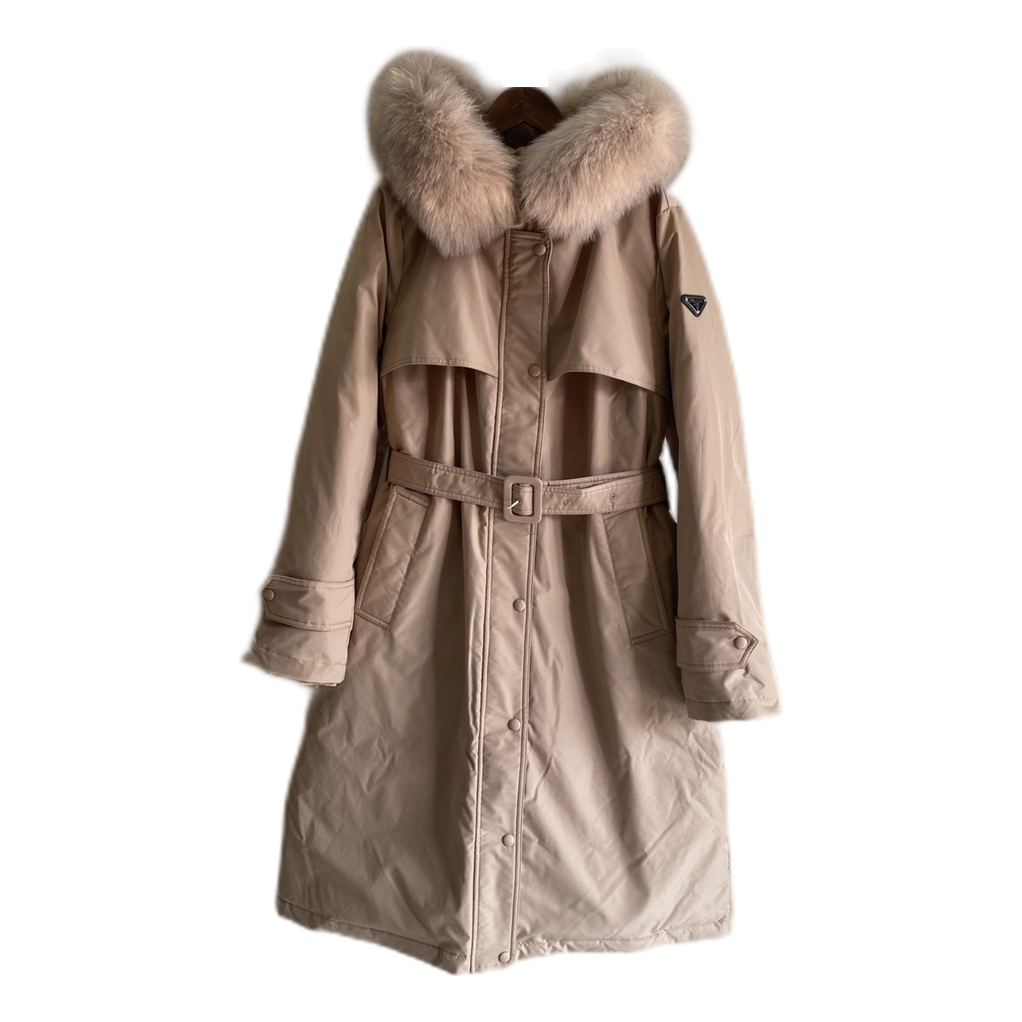 Prada Belted Fur-Trim Hooded Coat | Blush Beige | Women's Luxury Winter Coat