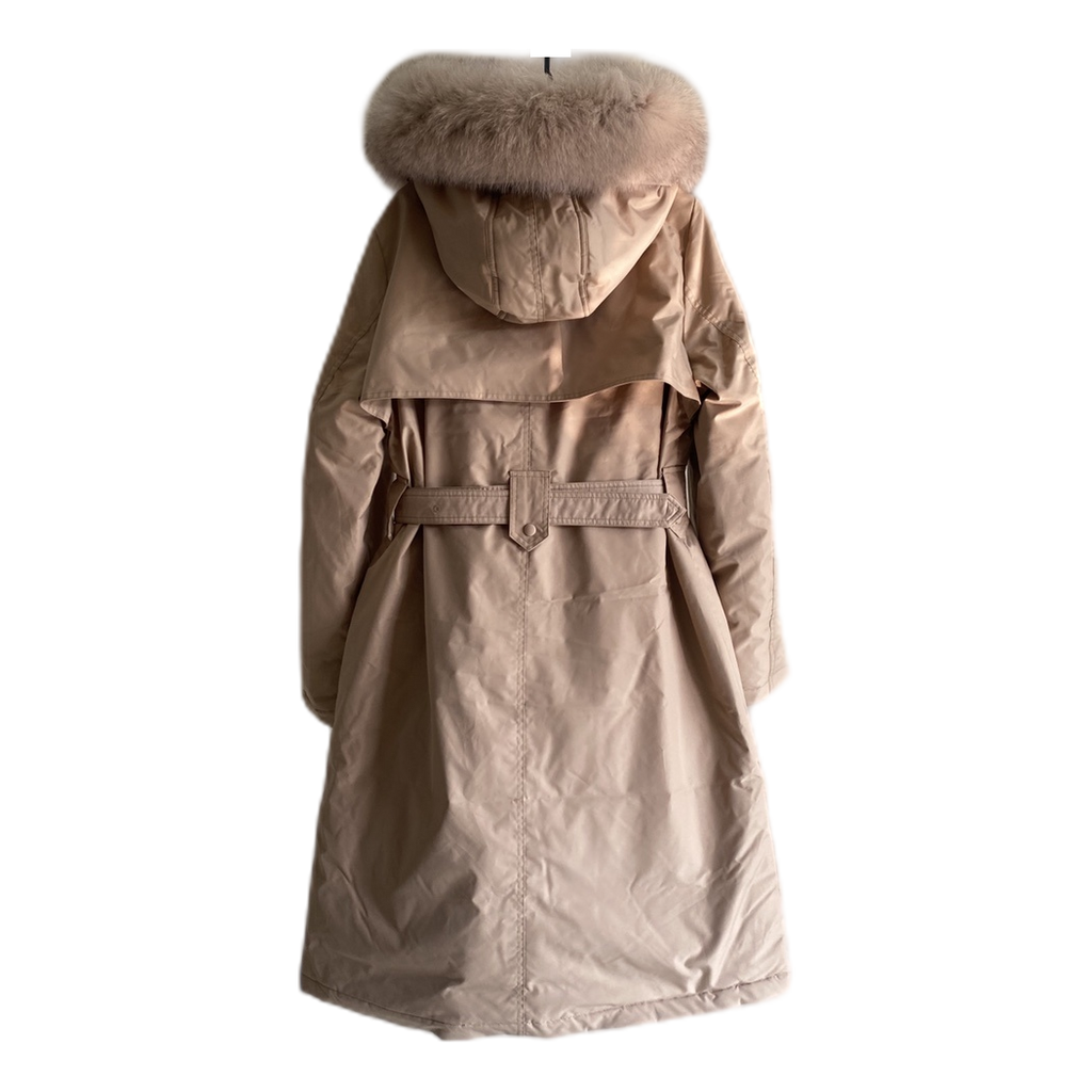 Prada Belted Fur-Trim Hooded Coat | Blush Beige | Women's Luxury Winter Coat