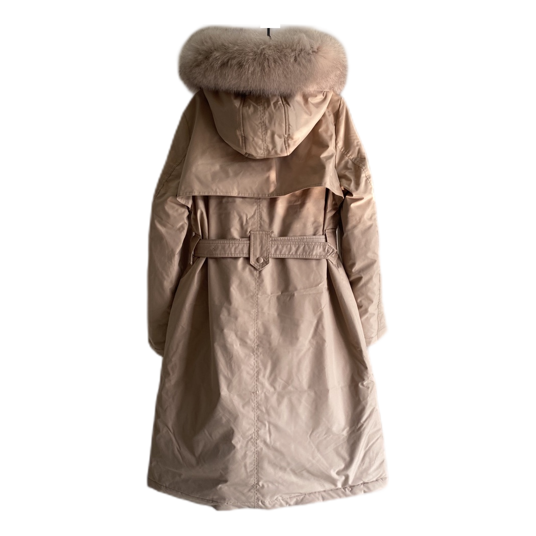 Prada Belted Fur-Trim Hooded Coat | Blush Beige | Women's Luxury Winter Coat