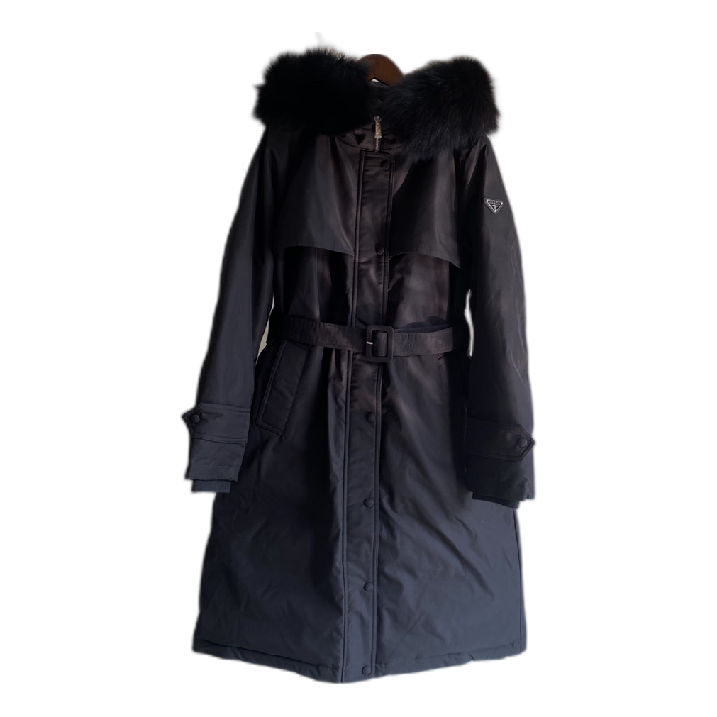 Prada Belted Fur-Trim Hooded Coat | Black | Women's Luxury Winter Coat